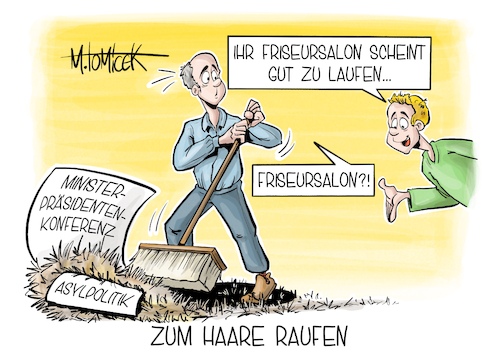 Cartoon: Zum Haare raufen (medium) by Mirco Tomicek tagged ministerpräsidenten,konferenz,ministerpräsidentenkonferenz,asyl,asylpolitik,debatte,migration,frankfurt,politik,karikatur,pressekarikatur,cartoon,mirco,tomicek,ministerpräsidenten,konferenz,ministerpräsidentenkonferenz,asyl,asylpolitik,debatte,migration,frankfurt,politik,karikatur,pressekarikatur,cartoon,mirco,tomicek