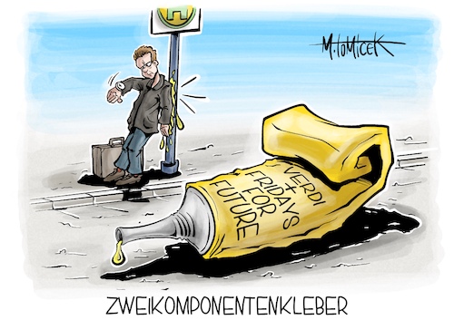 Cartoon: Zweikomponentenkleber (medium) by Mirco Tomicek tagged klima,streik,streiks,warnstreiks,verdi,fridays,for,future,demos,demonstrationen,klimaschutz,umwelt,umweltschutz,öffentlicher,dienst,bus,bahn,zug,verkehr,nahverkehr,bahnhof,lohn,lohnerhöhung,tarif,tarifverhandlungen,kleber,klebstoff,ankleben,karikatur,pressekarikatur,cartoon,mirco,tomicek,klima,streik,streiks,warnstreiks,verdi,fridays,for,future,demos,demonstrationen,klimaschutz,umwelt,umweltschutz,öffentlicher,dienst,bus,bahn,zug,verkehr,nahverkehr,bahnhof,lohn,lohnerhöhung,tarif,tarifverhandlungen,kleber,klebstoff,ankleben,karikatur,pressekarikatur,cartoon,mirco,tomicek