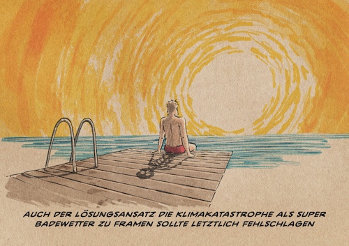 Cartoon: Badewetterkatastrophe (medium) by Guido Kuehn tagged klima,klimawandel,klimakatastrophe,hitze,dürre,brandgefahr,umwelt,artensterben,zukunft,erde,klima,klimawandel,klimakatastrophe,hitze,dürre,brandgefahr,umwelt,artensterben,zukunft,erde