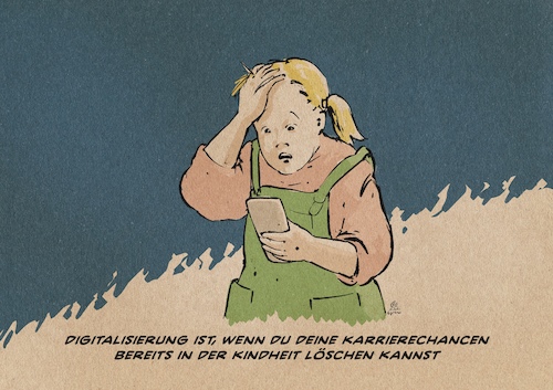 Cartoon: Digitaliserte Kindheit (medium) by Guido Kuehn tagged kindheit,lee,sarah,heinrich,grüne,jugend,twitter,kindheit,lee,sarah,heinrich,grüne,jugend,twitter