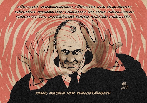 Cartoon: Magier der Verlustängste (medium) by Guido Kuehn tagged merz,blackout,migranten,angst,verlustängste,veränderung,privilegien,merz,blackout,migranten,angst,verlustängste,veränderung,privilegien
