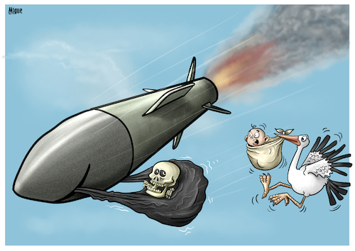 Cartoon: Life and death (medium) by miguelmorales tagged war,rocket,death,stork,life,conflicts,war,rocket,death,stork,life,conflicts