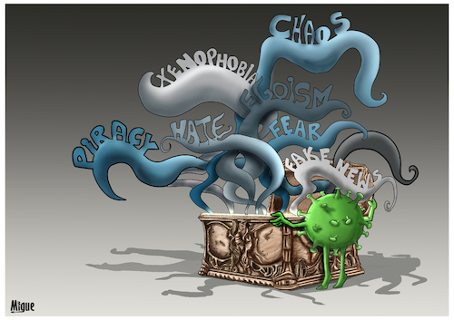 Cartoon: Pandora Box (medium) by miguelmorales tagged pandora,coronavirus,open,fear,xenophobia,chaos,war,crisis