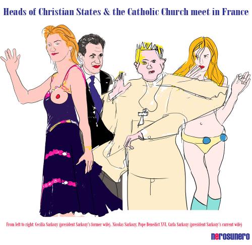 Cartoon: Heads of Christianity (medium) by nerosunero tagged sarkozy,bruni,ratzingerchristianity,divorce,politics
