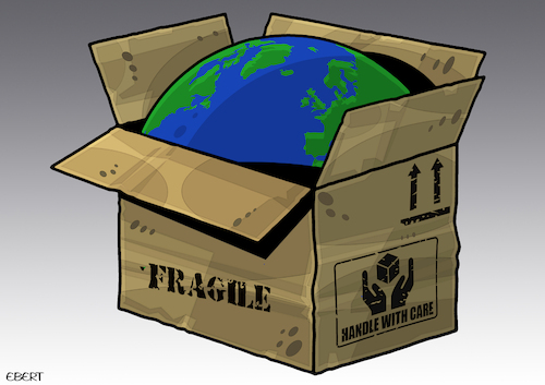 Cartoon: Fragile (medium) by Enrico Bertuccioli tagged world,planetearth,globalwarming,crisis,climatechange,climate,exploitation,environment,politics,political,humanbeings,pollution,world,planetearth,globalwarming,crisis,climatechange,climate,exploitation,environment,politics,political,humanbeings,pollution