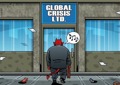 Cartoon: Going to work (medium) by Enrico Bertuccioli tagged global,crisis,world,devil,covid19,virus,recession,poverty,evil,work,political,safety,security,progress,evploitation,government,global,crisis,world,devil,covid19,virus,recession,poverty,evil,work,political,safety,security,progress,evploitation,government