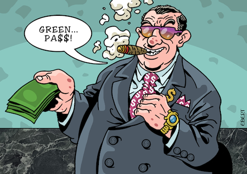 Cartoon: Green Pass (medium) by Enrico Bertuccioli tagged green,greenpass,passepartout,money,greed,richness,political,economy,corruption,finance,financial,capitalism,speculation,speculator,business,green,greenpass,passepartout,money,greed,richness,political,economy,corruption,finance,financial,capitalism,speculation,speculator,business