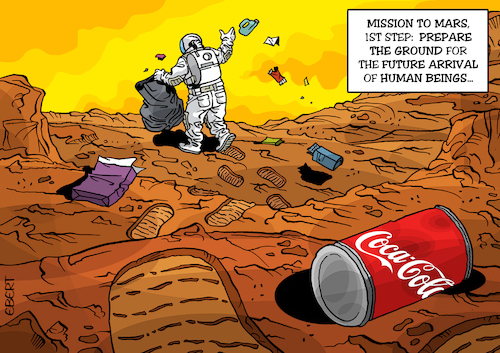 Cartoon: Mission to Mars (medium) by Enrico Bertuccioli tagged space,mars,planet,mission,science,research,exploration,robotics,colonization,conquest,program,journey,government,economy,power,business,money,exploitation,resources,knowledge,people,society,future,human,beings,aliens,technology,fiction