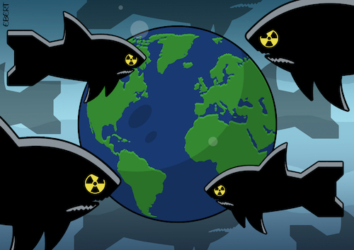 Cartoon: Nuclear sharks (medium) by Enrico Bertuccioli tagged otan,nato,un,atomic,nuclear,menace,threat,russia,usa,putin,government,political,ukraine,invasion,power,authoritarianism,dictatorship,empire,imperialism,world,global,civilization,destruction,armageddon,nightmare,energy,otan,nato,un,atomic,nuclear,menace,threat,russia,usa,putin,government,political,ukraine,invasion,power,authoritarianism,dictatorship,empire,imperialism,world,global,civilization,destruction,armageddon,nightmare,energy