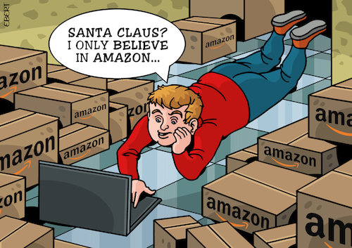 Cartoon: Santa Claus? (medium) by Enrico Bertuccioli tagged santa,claus,amazon,busimess,money,ecommerce,commerce,stock,markets,monopoly,capitalism,capitalists,greed,power,controll,global,world,political,policy,society,technology,taxes,corporations,consumerism,company,data,consumers