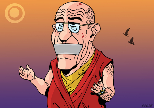 Cartoon: The tongue of the Lama (medium) by Enrico Bertuccioli tagged dalailama,tongue,incident,spiritualleader,exile,buddhist,buddhism,buddah,the,dalailama,tongue,incident,spiritualleader,exile,buddhist,buddhism,buddah
