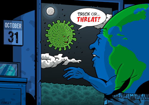 Cartoon: Trick or... THREAT? (medium) by Enrico Bertuccioli tagged halloween,threat,trick,coronavirus,covid19,pandemic,lockdown,restrictions,influence,flu,disease,society,people,protection,health,prevention,government,global,world,virus,viral,policy,behaviour,environment,epidemics,earth,human,beings