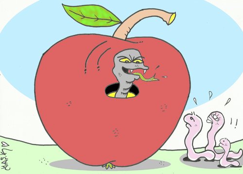 Cartoon: occupation (medium) by yasar kemal turan tagged snake,worm,caterpillar,foundedapple,apple,occupation,enemy