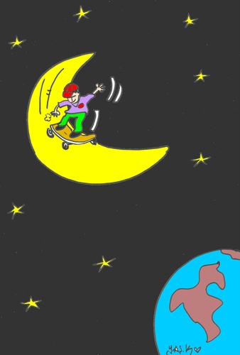 Cartoon: excitement (medium) by yasar kemal turan tagged world,moon,love,skateboard