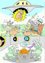Cartoon: ufo test (small) by yasar kemal turan tagged test,ufo,attack,sheep,goat,shepherd,food,aliens,dog