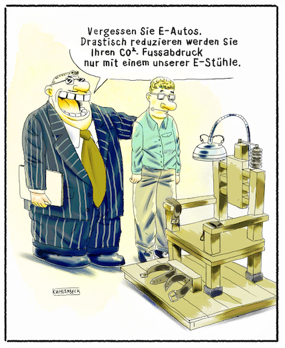 Cartoon: E-Stuhl (medium) by Thomas Kuhlenbeck tagged mann,männer,elektrischer,stuhl,elektrisch,strom,hinrichtung,todesstrafe,umwelt,klimaschutz,co2,kohlendioxid,fussabdruck,verkäufer,verkauf,kaufen,beratung,berater,mann,männer,elektrischer,stuhl,elektrisch,strom,hinrichtung,todesstrafe,umwelt,klimaschutz,co2,kohlendioxid,fussabdruck,verkäufer,verkauf,kaufen,beratung,berater