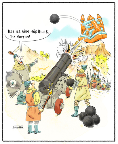 Cartoon: Hüpfburg (medium) by Thomas Kuhlenbeck tagged ritter,angriff,kanone,belagerung,mittelalter,kanonenkugel,hüpfburg,burg,krieg,ritter,angriff,kanone,belagerung,mittelalter,kanonenkugel,hüpfburg,burg,krieg
