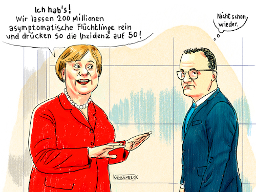 Cartoon: Merkels Idee (medium) by Thomas Kuhlenbeck tagged merkel,kanzlerin,spahn,gesundheitsminister,inzidenz,senken,coronamaßnahme,corona,virus,maßnahme,flüchtlinge,idee,merkel,kanzlerin,spahn,gesundheitsminister,inzidenz,senken,coronamaßnahme,corona,virus,maßnahme,flüchtlinge,idee