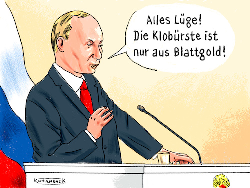 Cartoon: Putins Klobürste (medium) by Thomas Kuhlenbeck tagged putin,nawalny,unterstellung,golden,klobürste,rede,reichtum,verteidigung