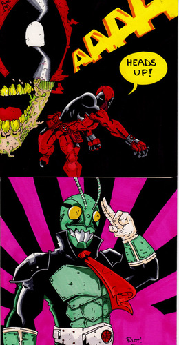 Cartoon: Deadpool and Kamen Rider (medium) by JamesRiot tagged deadpool,kamen,rider