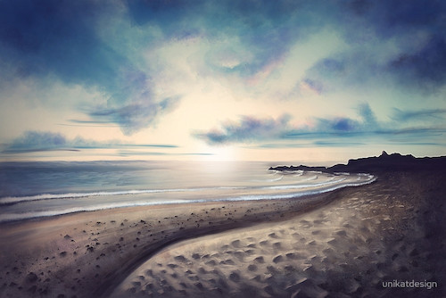 Cartoon: Beach - Digital Painting (medium) by alesza tagged digital,painting,landscape,scenery,art,artwork,atmosphere,nature,illustration,drawing,sunset,sun,clouds,beach,sea,ocean