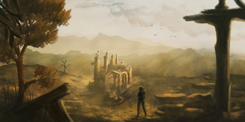 Cartoon: Discovered (medium) by alesza tagged digital,painting,illustration,artwork,scenery,landscape,discovered,nature,autumn,fall,tree,ruin
