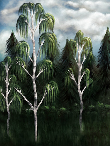 Cartoon: Three Birches (medium) by alesza tagged three,birches,birch,birchtree,tree,forest,nature,landscape,digital,painting,art,artwork,illustration,drawing