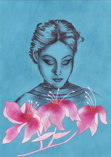 Cartoon: Three Flowers (medium) by alesza tagged three,flowers,pink,blue,portrait,woman