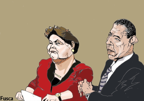Cartoon: Rousseff pro Iran Cuba vs.Obama (medium) by Fusca tagged chavez,lula,dilma,puppets,corruption,populist,dictators