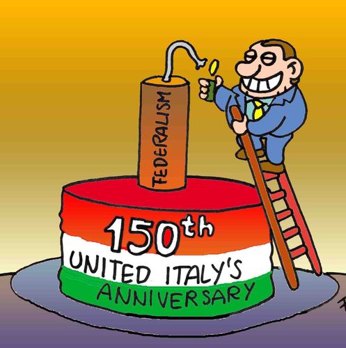 Cartoon: 150th united Italy anniversary (medium) by fragocomics tagged 17th,march,17,nord,lega,federalism,berlusconi,anniversary,italy,united,150,150th,italien,silvio berlusconi,silio,berlusconi,silvio