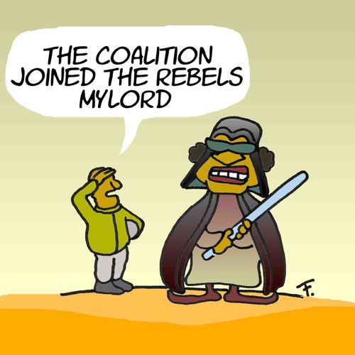 Cartoon: Coalition against new DarthVader (medium) by fragocomics tagged gaddafi,libia,crisis,war,patrol,brent,gas,station,darth,vader,coalition,europe,sarkozy,onu,gaddafi,libyen