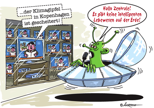 Cartoon: Intelligente Wesen. (medium) by rpeter tagged klimaschutz,klimagipfel,kopenhagen,cop15,marsmännchen,erderwärmung
