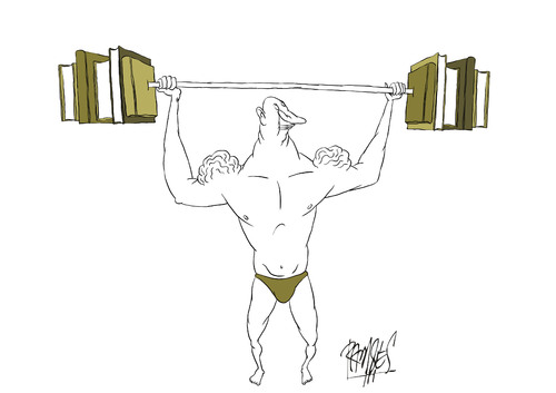 Cartoon: Weightlifting (medium) by Ramses tagged books,literature,reading,knowledge,learn