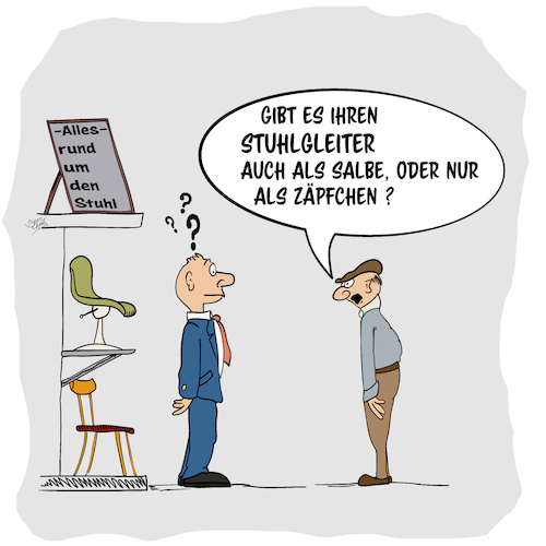 Cartoon: Stuhlgleiter (medium) by beangrphx tagged stuhlgleiter,möbelhaus,einkaufen,shopping,stuhlgang,verstopfung,gesundheit,verwechselung,stühle,möbel,arznei,salbe,zäpfchen,stuhlgleiter,möbelhaus,einkaufen,shopping,stuhlgang,verstopfung,gesundheit,verwechselung,stühle,möbel,arznei,salbe,zäpfchen