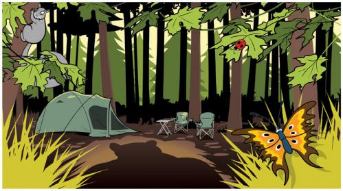 Cartoon: Camping (medium) by drawgood tagged camping,vacation,holiday,animals,bear,nature,butterfly