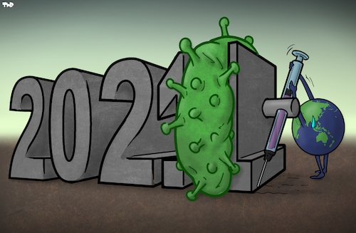 Cartoon: 2021 (medium) by Tjeerd Royaards tagged pandemic,virus,corona,vaccine,society,lockdown,happy,new,year,pandemic,virus,corona,vaccine,society,lockdown,happy,new,year