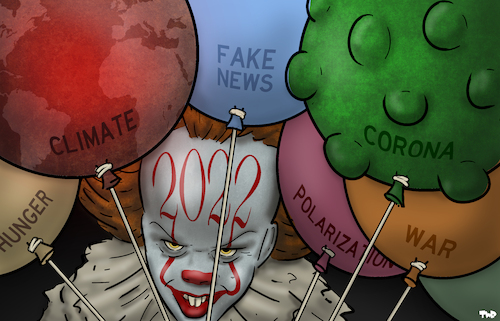Cartoon: 2022 is here (medium) by Tjeerd Royaards tagged future,2022,happy,new,year,apocalypse,pandemic,it,clown,war,hunger,fake,news,future,2022,happy,new,year,apocalypse,pandemic,it,clown,war,hunger,fake,news