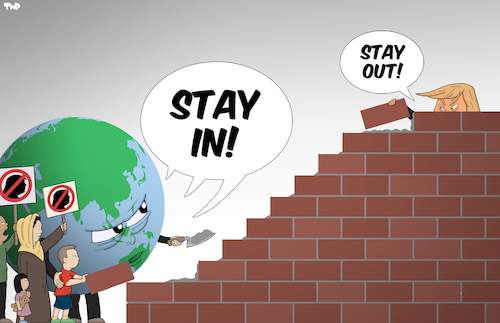 Cartoon: A Wall Works Both Ways (medium) by Tjeerd Royaards tagged trump,wall,border,protests,usa,ban,bricks,president,world,trump,wall,border,protests,usa,ban,bricks,president,world