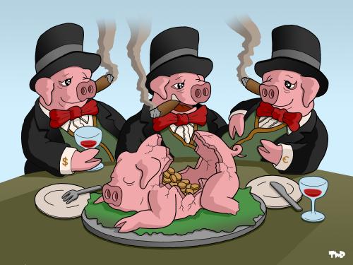 Cartoon: Bankers (medium) by Tjeerd Royaards tagged aig,bank,bankers,finance,money,bonus,bonuses,cartoon,cartoons,bank,banken,banker,geld,finanzen,finanzierung,sparen,sparschwein,schwein,schweine,tier,tiere,reich,reichtum,arm,armut,bürger,steuern,steuerzahler,abgaben,schere einkommen,gehalt,gehälter,verteilung,reiche,boni,bonus,lohn,einkommen,manager,managergehälter,schere