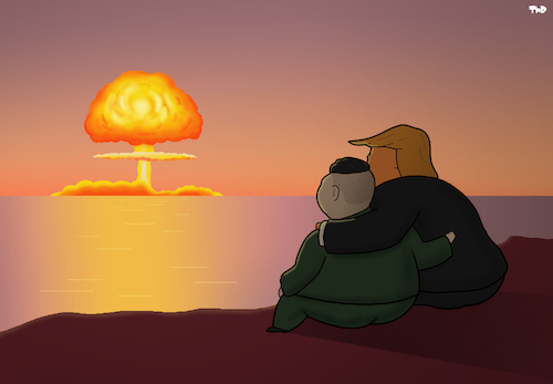 Cartoon: Bromance (medium) by Tjeerd Royaards tagged trump,kim,jong,un,north,korea,usa,meeting,nuclear,explosion,friends,romance,trump,kim,jong,un,north,korea,usa,meeting,nuclear,explosion,friends,romance