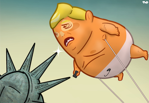 Cartoon: Bye bye baby Trump (medium) by Tjeerd Royaards tagged trump,biden,elections,balloon,pennsylvania,georgia,usa,bye,trump,biden,elections,balloon,pennsylvania,georgia,usa