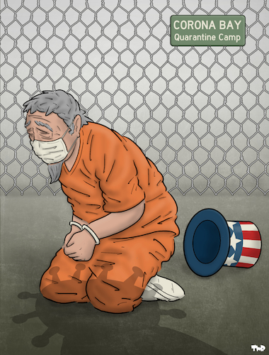 Cartoon: Corona Bay (medium) by Tjeerd Royaards tagged usa,uncle,sam,america,gitmo,guantanamo,bay,coronavirus,usa,uncle,sam,america,gitmo,guantanamo,bay,coronavirus