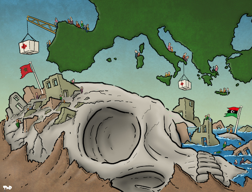 Cartoon: Disaster zones (medium) by Tjeerd Royaards tagged libya,morocco,earthquake,floods,nature,disaster,victims,libya,morocco,earthquake,floods,nature,disaster,victims