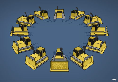 Cartoon: EU Refugy Policy (medium) by Tjeerd Royaards tagged eu,refugees,policy,asylum,eviction,idomeni,migrants,bulldozer,migration,immigration,eu,refugees,policy,asylum,eviction,idomeni,migrants,bulldozer,migration,immigration