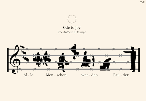 Cartoon: European Anthem (medium) by Tjeerd Royaards tagged eu,refugees,crisis,fence,music,europe,border,eu,refugees,crisis,fence,music,europe,border