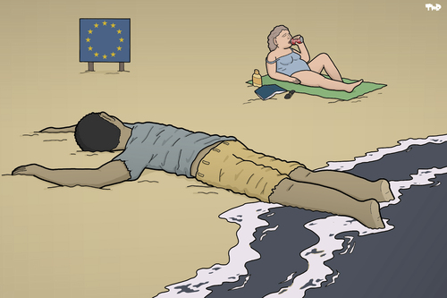Cartoon: European Beach (medium) by Tjeerd Royaards tagged drowning,beach,ship,immigration,eu,europe,immigrants,drowning,beach,ship,immigration,eu,europe,immigrants