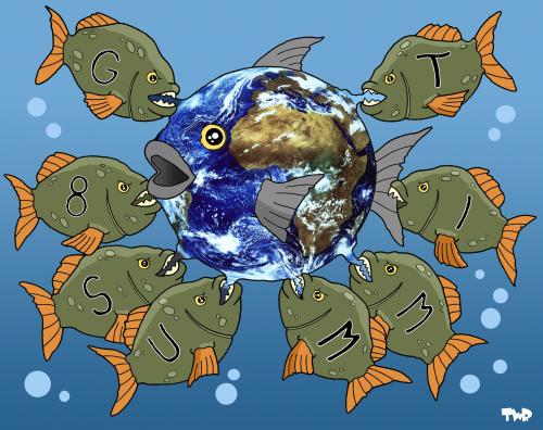 Cartoon: G8 summit (medium) by Tjeerd Royaards tagged g8,g8 gipfel,welt,umwelt,erde,wirtschaft,piranhas,fische,fisch,tiere,zerstörung,natur,krise,g8,gipfel