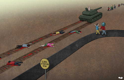 Cartoon: Global attention span (medium) by Tjeerd Royaards tagged putin,ukraine,attention,span,world,west,russia,support,war,putin,ukraine,attention,span,world,west,russia,support,war