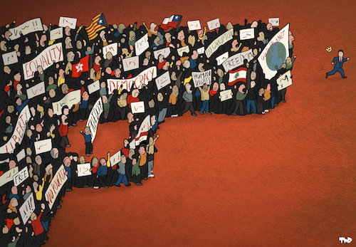 Cartoon: Global protests (medium) by Tjeerd Royaards tagged protest,chile,lebanon,power,democracy,inequality,violence,protest,chile,lebanon,power,democracy,inequality,violence