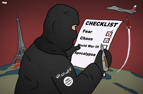 Cartoon: ISIS to do list (medium) by Tjeerd Royaards tagged is,isis,daesh,paris,russia,csyria,turkey,jet,is,isis,daesh,paris,russia,csyria,turkey,jet